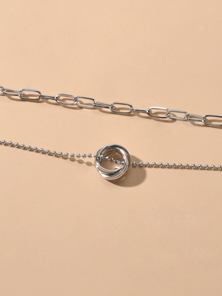Double layer Silver Chain Circle Pendant Necklace Designer Jewellery Accessories-3